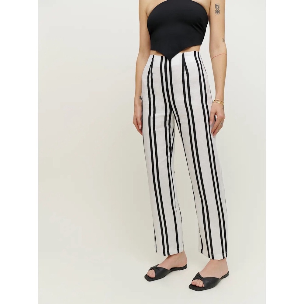 NWT Reformation Poppy Linen High Rise Straight Leg Pant PJ Stripe Black & White